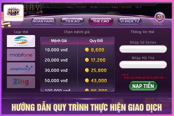 Các bước thực hiện nạp tiền HAYWIN